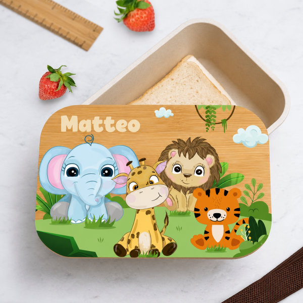 Portapranzo per Bambini con Coperchio in Legno Animali della Giungla Personalizzato