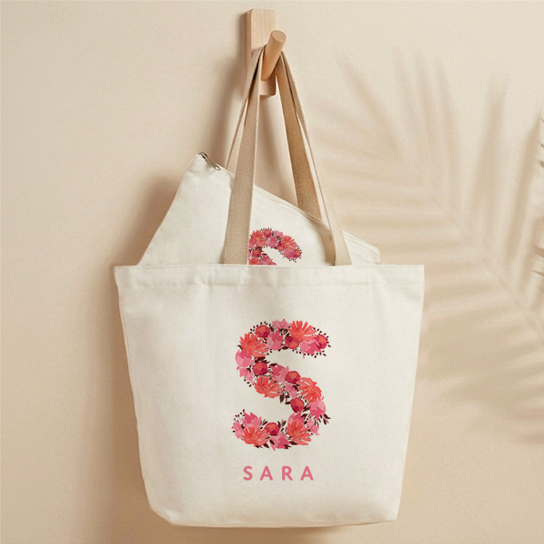 Tote Bag con Iniziale Floreale e Nome Personalizzato