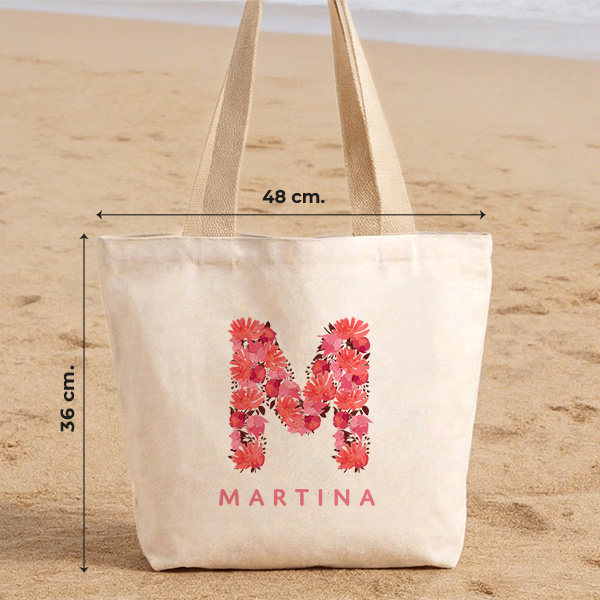 Tote Bag con Iniziale Floreale e Nome Personalizzato