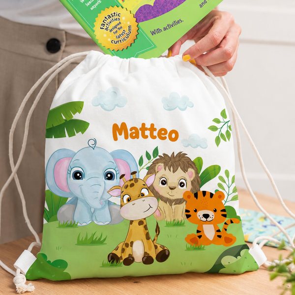 Zaino a Sacca per Bambini con Animali della Giungla personalizzato