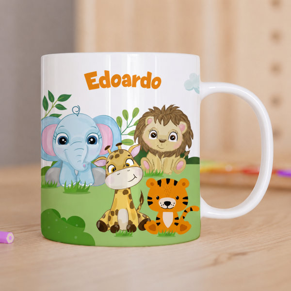 Tazza per Bambini Infrangibile con Animali della Giungla e Nome personalizzata