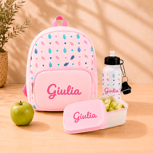 Pack Scuola Rosa per Bambini con Foglie e Nome personalizzato
