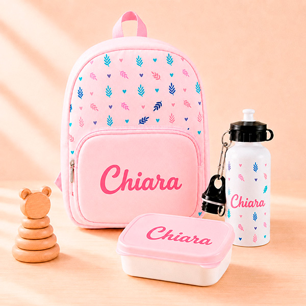 Pack Scuola Rosa per Bambini con Foglie e Nome personalizzato