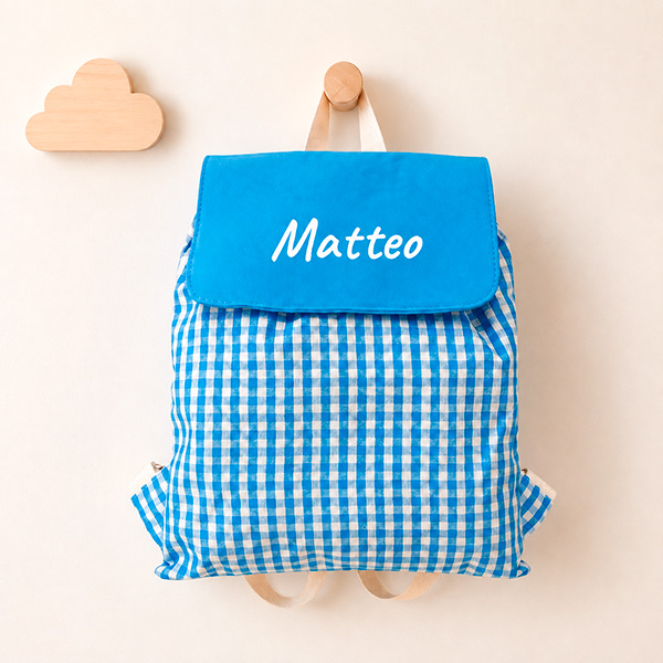 Zaino a Sacca per Bambini Quadretti Azzurri Personalizzato