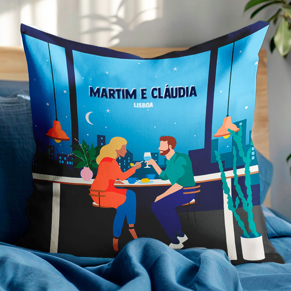 Almofada Ilustração de Casal com Nomes e Texto personalizado
