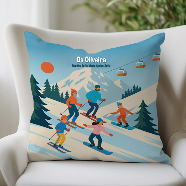 Almofada Esqui na Montanha com Nomes e Texto personalizado