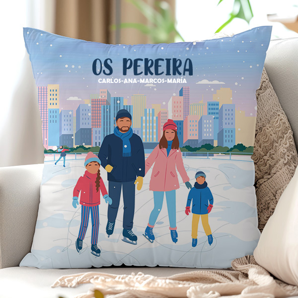 Almofada Família em Patins com Nomes e Texto personalizado