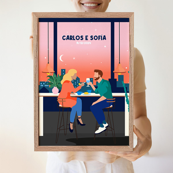 Póster Ilustração de Casal com Nomes e Texto personalizado
