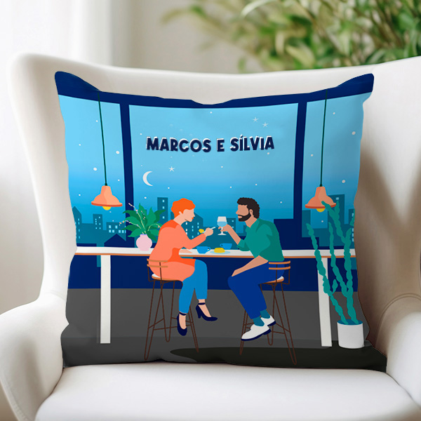 Almofada Ilustração de Casal com Nomes e Texto personalizado