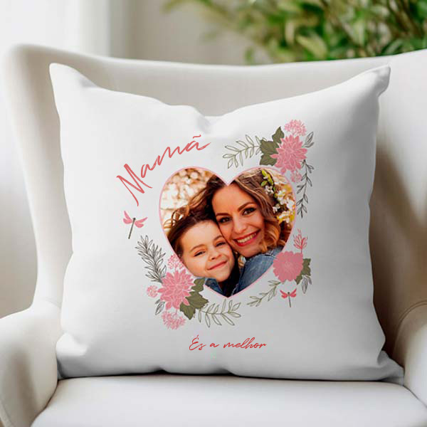 Almofada Coração Floral com Foto e Texto Personalizado