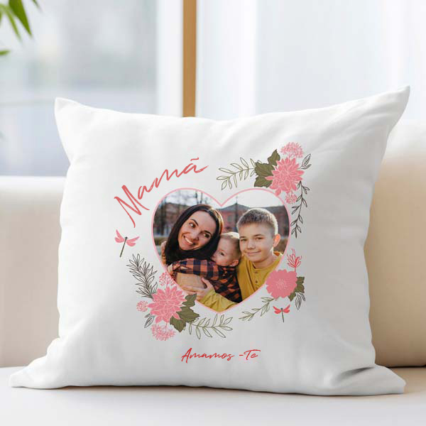 Almofada Coração Floral com Foto e Texto Personalizado