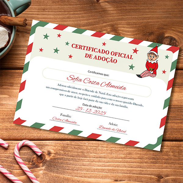 Boneco Elfo Decorativo de Natal com Certificado de Adoção e Nome personalizado