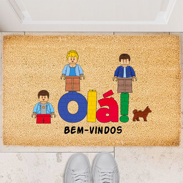 Capacho OLÁ com minifiguras Lego personalizadas e texto personalizado