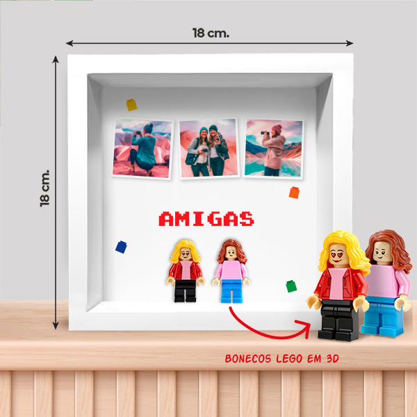 Quadro com minifiguras Lego, 3 fotos e texto personalizado