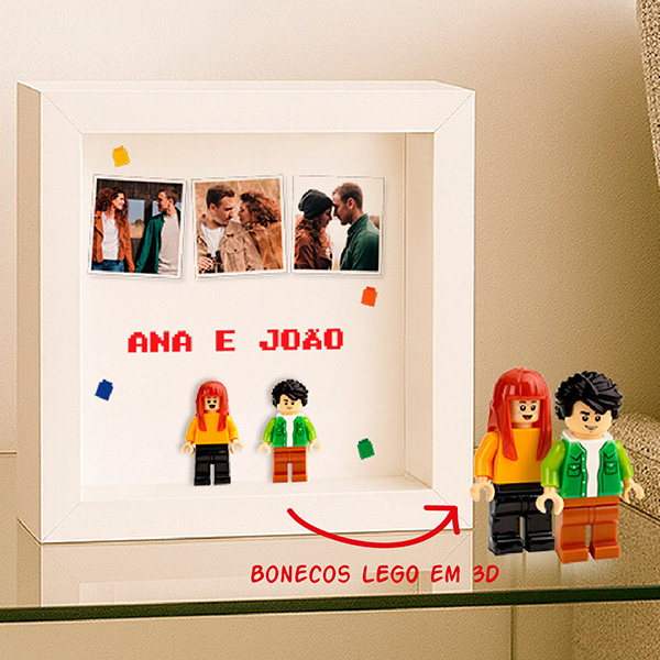 Quadro com minifiguras Lego, 3 fotos e texto personalizado