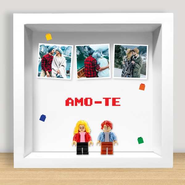 Quadro com minifiguras Lego, 3 fotos e texto personalizado