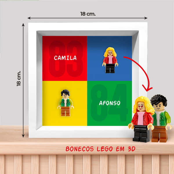 Quadro com minifiguras Lego, anos e nomes personalizados