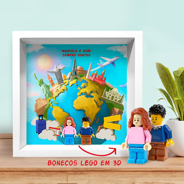 Quadro com minifiguras Lego a viajar pelo mundo e texto personalizado