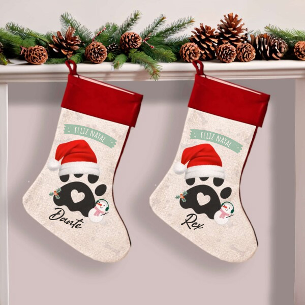 Meia de Natal Pegada de Animal de Estimação com Nomes personalizada