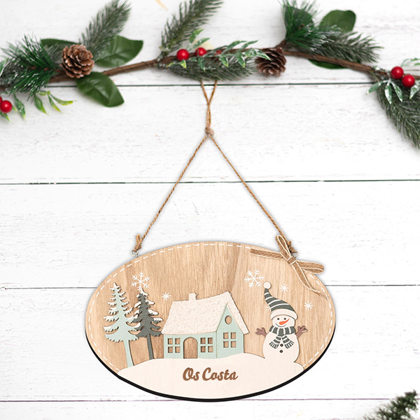 Adorno de Madeira para Porta Boneco de Neve com Texto Personalizado