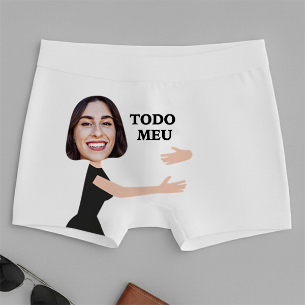 Boxer com a frase « TODO MEU » e fotografia personalizada