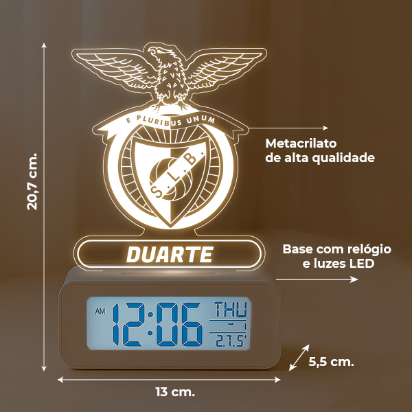 Relógio Despertador com Luz Escudo Benfica personalizado
