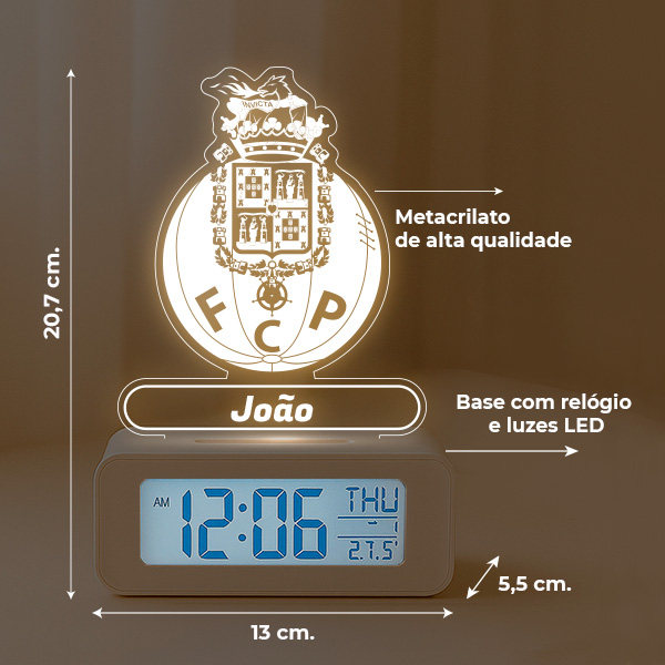 Relógio Despertador com Luz Escudo FC Porto personalizado