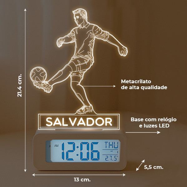 Relógio Despertador com Luz Jogador de Futebol personalizado