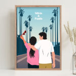 Póster com ilustração de casal e palmeiras personalizado com nomes Miniatura de Póster com ilustração de casal e palmeiras personalizado com nomes