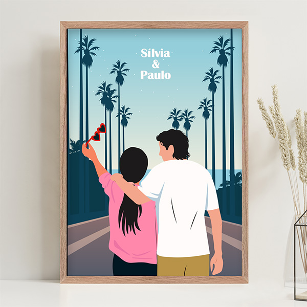 Póster com ilustração de casal e palmeiras personalizado com nomes