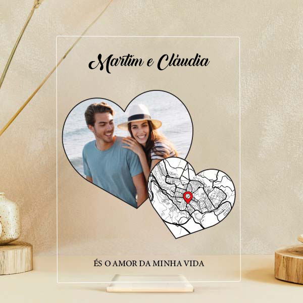 Placa Corações com Mapa do Amor e Fotos personalizada