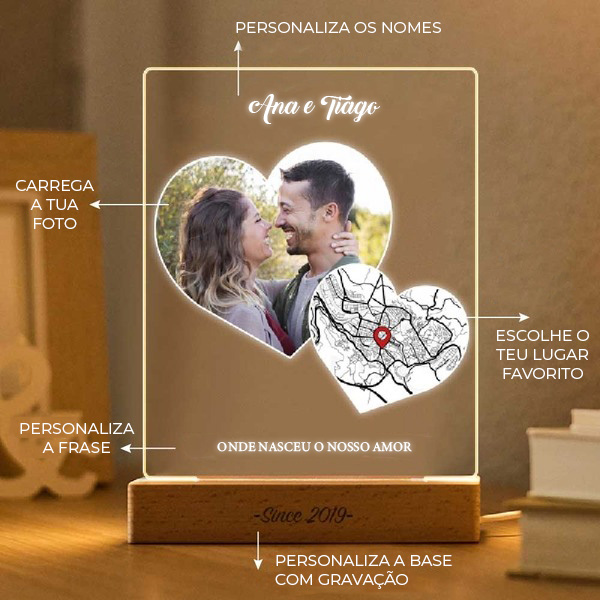 Candeeiro Corações personalizado com Mapa do Amor e Fotos