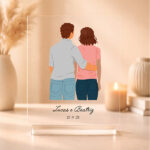 Miniatura de Placa ou Lâmpada com Ilustração de Casal de Costas com Nomes e Data Personalizados