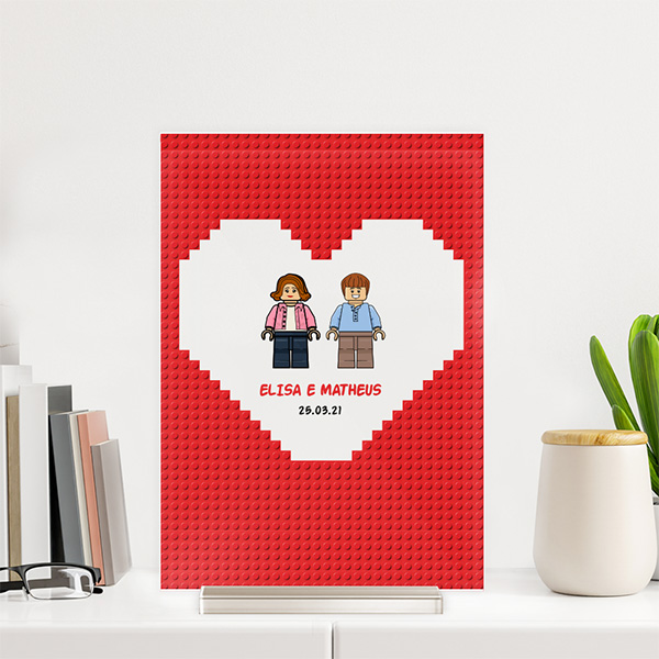 Placa ou Candeeiro Design Coração Vermelho com Nomes, Texto e Legos personalizados