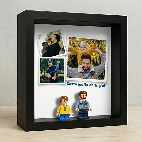 Quadro com minifiguras tipo Lego com Fotos Polaroid e Texto Personalizado