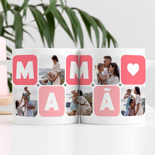 Caneca Mamã Cubos Coração com Cinco Fotos personalizada