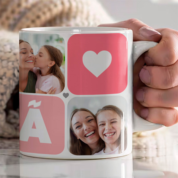 Caneca Mamã Cubos Coração com Cinco Fotos personalizada