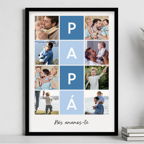 Póster Papá em Quadrados Azuis com Texto e Fotos Personalizadas