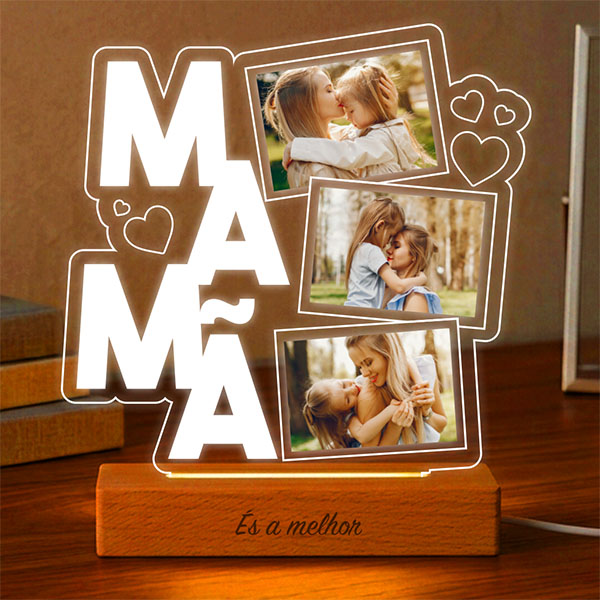 Lâmpada para a Mãe com Corações e Três Fotografias personalizadas