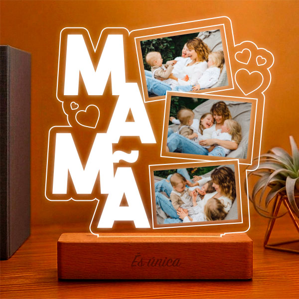 Lâmpada para a Mãe com Corações e Três Fotografias personalizadas