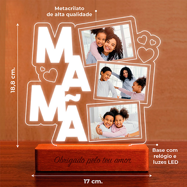 Lâmpada para a Mãe com Corações e Três Fotografias personalizadas