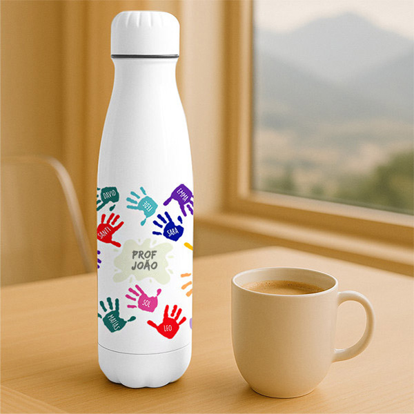 Garrafa Mãos Coloridas com Nomes e Texto personalizada