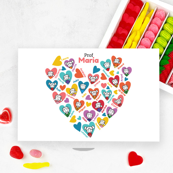 Caixa de Doces Corações com Bonequinhos com Nomes e Texto personalizada