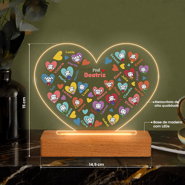 Lâmpada Corações Bonequinhos com Nomes e Texto personalizada