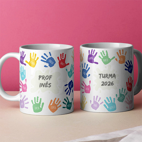 Caneca Mãos Coloridas com Nomes e Texto personalizada