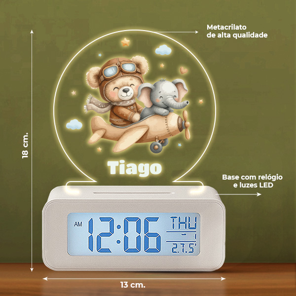 Relógio Despertador Aviador com Luz e Nome Personalizado