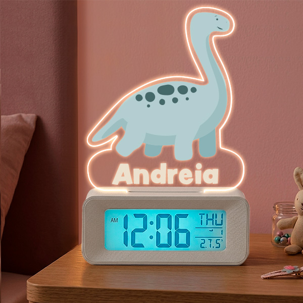 Relógio Despertador Dino com Luz e Nome Personalizado