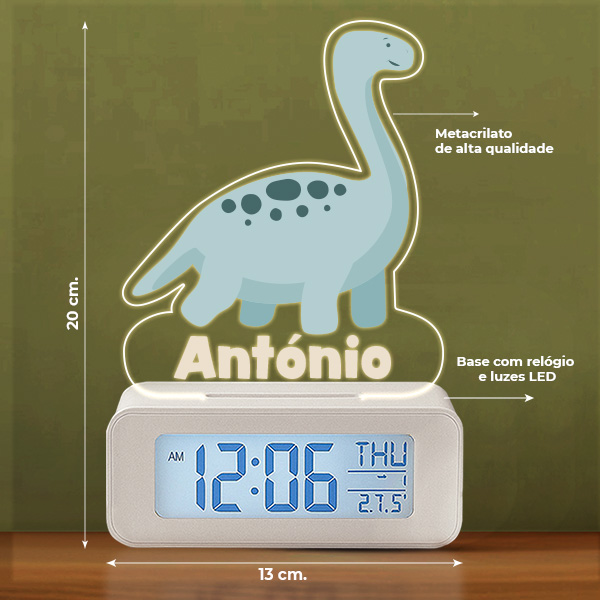 Relógio Despertador Dino com Luz e Nome Personalizado