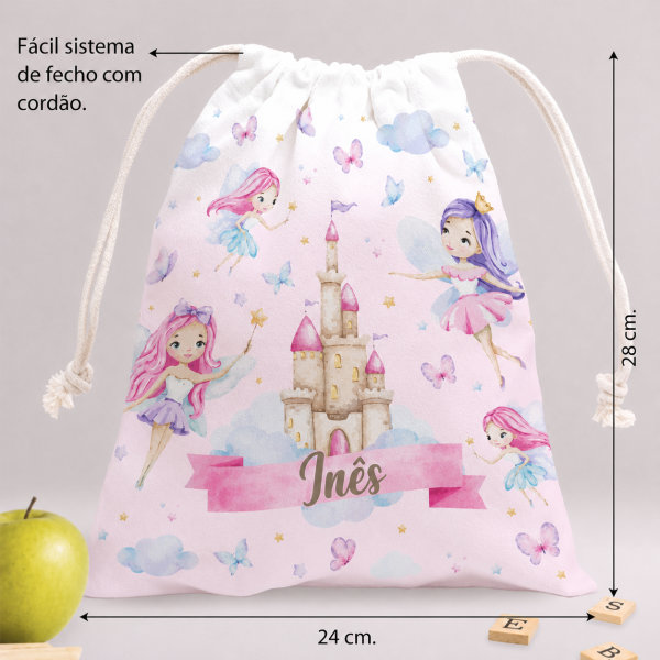 Saco de Lanche Infantil Fadas Personalizado