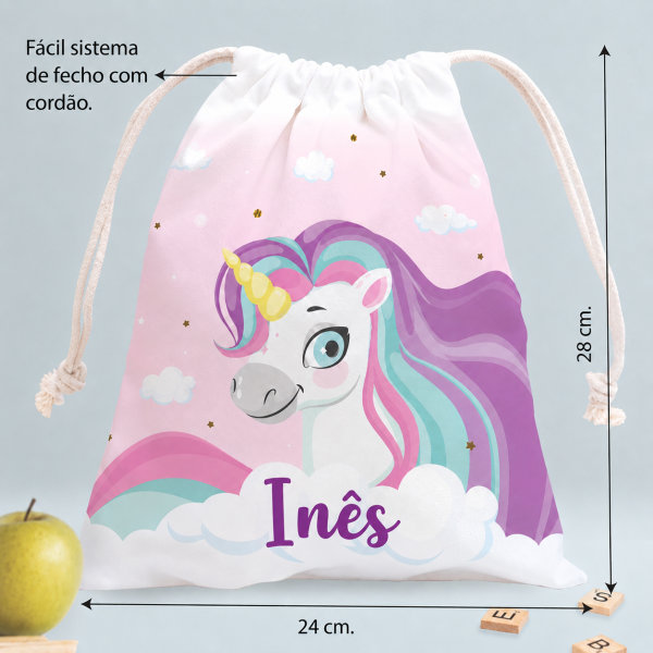 Saco de Lanche Infantil Unicórnios Coloridos Personalizado